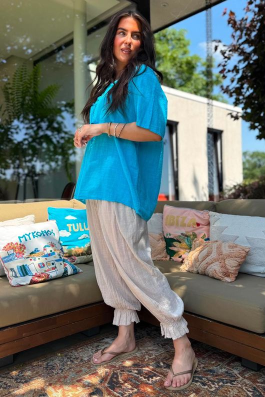 Izi Cheesecloth Button Tee Turquoise